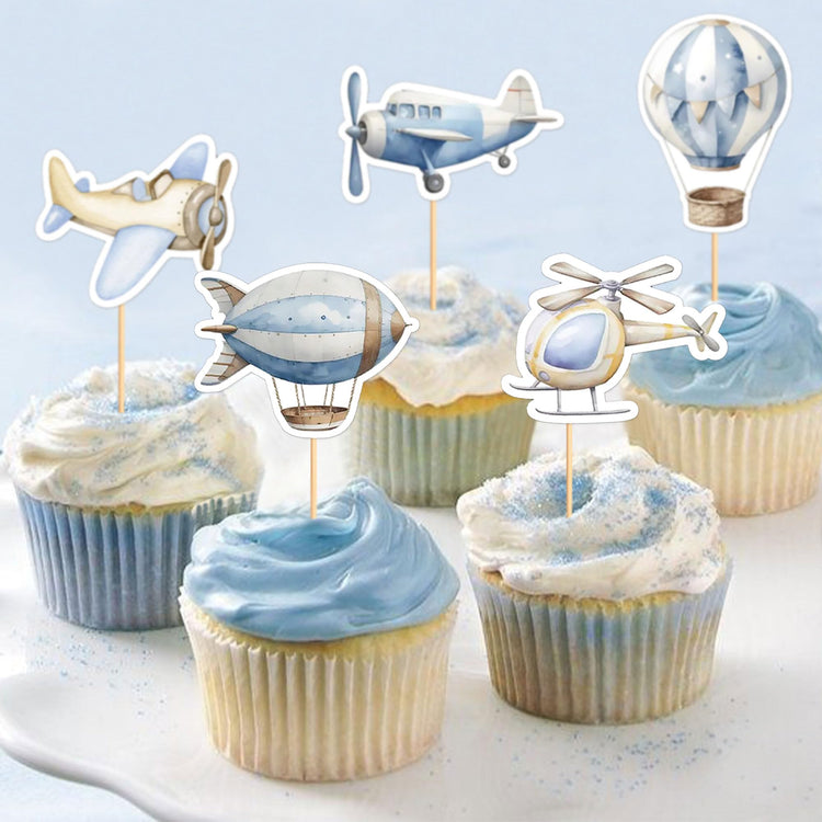 35Pcs Watercolor Blue Airplanes Cupcake Toppers Cartoon Hot Air Balloon Helicopter Cupcake Picks for Blue Boys Birthday Cupcake Decorations Airplane Baby Shower Cake Decorations (35 Count)