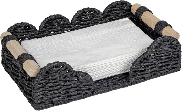 CubesLand Scalloped Napkin Holder for Bathroom Decor, Paper Rope Flat Napkin Dispenser Guest Towel Tray for Bathroom, Farmhouse Warm Napkin Holder for Table Dining Room Home Kitchen Decor, Black