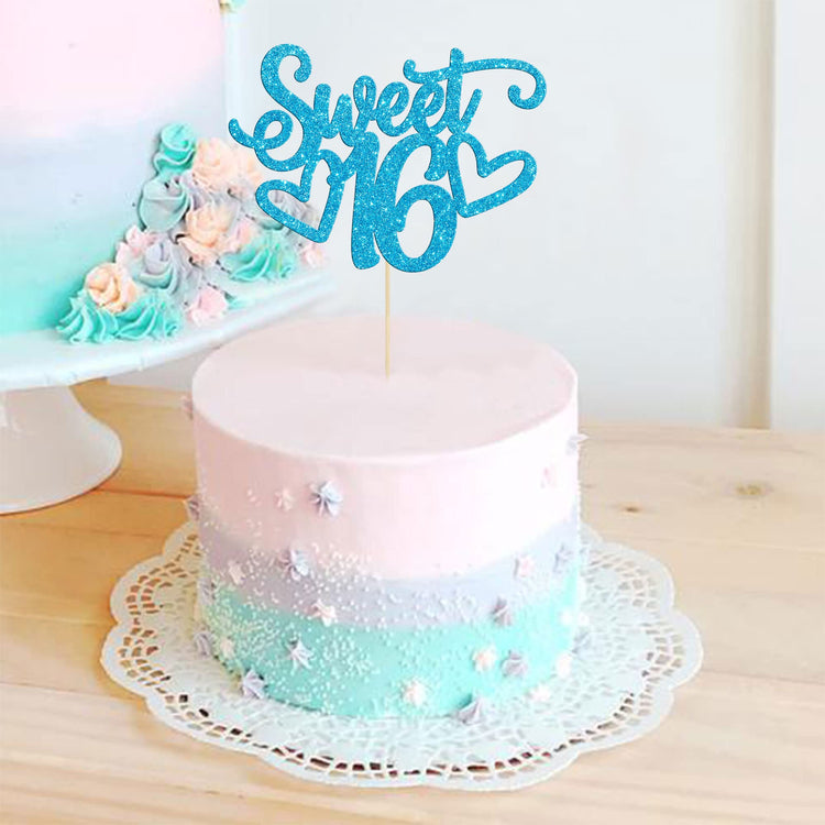1Pc Sweet Teenager 16 Cake Topper Glitter 16th Birthday Cake Pick for Cheers to 16 Years Old 16th Birthday Party Cake Decorations Supplies Light Blue