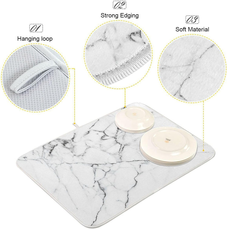 White Grey Marble Dish Drying Mat for Kitchen Counter Absorbent Microfiber Drying Pad, Medium 16x18 in, Reversible Drainer Mats