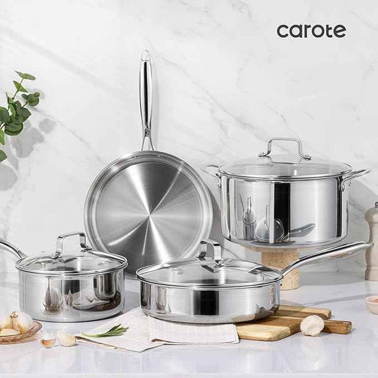 CAROTE 21pcs Tri-Ply Stainless Steel Cookware Set, Pots and Pans Set, Non Toxic Induction Kitchen Cooking Sets, Cookware Collection, Mirror Polish, Silver