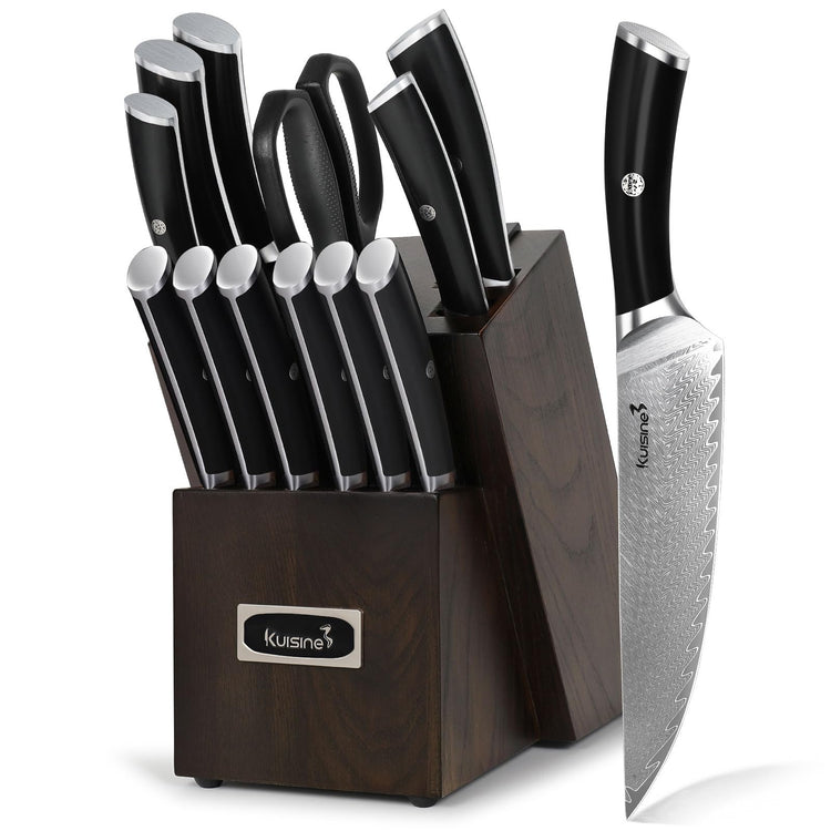 14 Piece Damascus Knife Set with Block