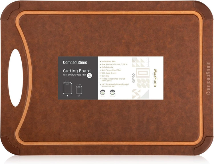 Cutting Board with Non-Slip Feet and Juice Groove for Kitchen, Wood Fiber Composite, 17.3-Inch by 12.8-Inch, Brown