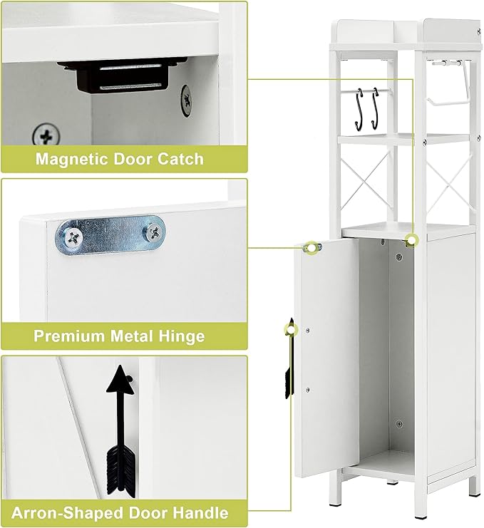 VECELO Small Bathroom Cabinet,Slim Toilet Paper Holder with Door & 2 Shelves,Narrow Storage Organizers Fenced Top Waterproof Coating for Restroom Bathroom in Tiny Space,White