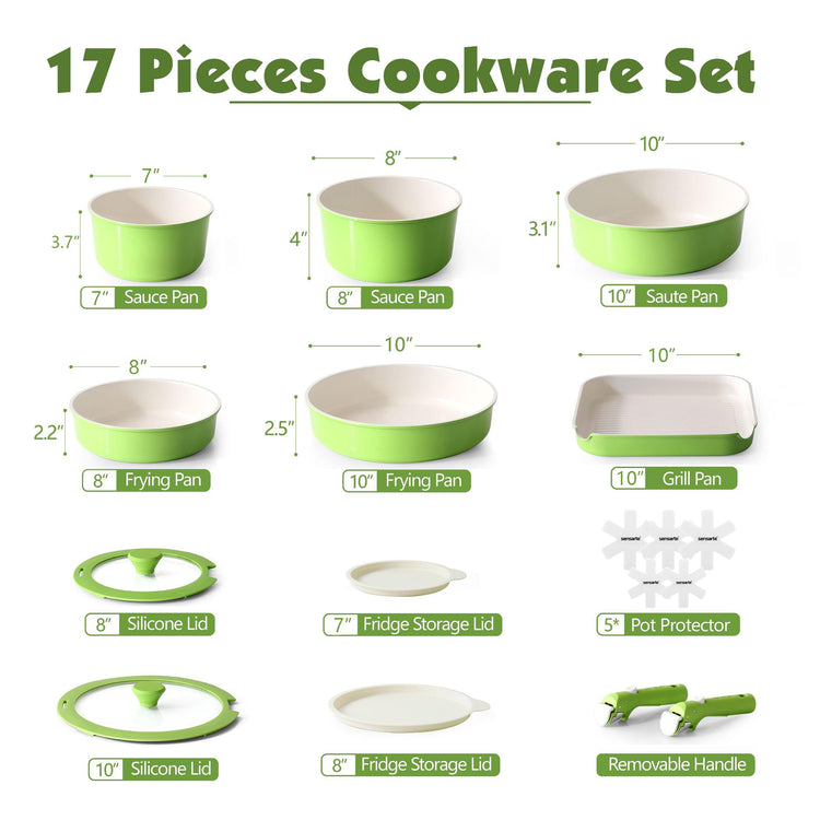 17 Piece Ceramic Detachable Handle Pots and Pans Set Green