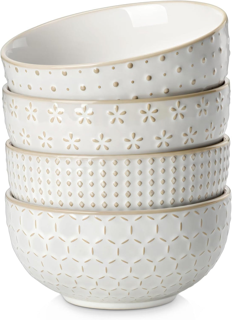 MALACASA Cereal Bowls, 30 Ounce Ceramic Soup Bowl for Kitchen, Stoneware Bowls Set of 4 with Embossment for Pho, Chip, Fruits, Salad, Noodle, Ramen - 6 Inch, Arctic White Series LYDIA