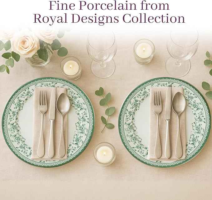 Tudor Royal 12-Piece Round Porcelain Dinnerware Set, Service for 4 - Aster Green Design, Multicolor Floral, Plates Bowls Mugs Dishes, Premium Quality Tableware, Unique Pattern, Glossy
