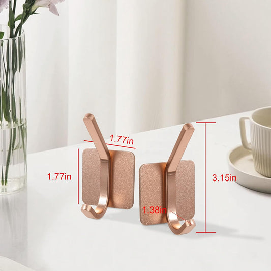 Aluminum Wall Hooks, No Drill Damage-Free Adhesive Hook, Product for Hanging Heavy Duty for Bathroom Kitchen Home (Double Square Rose Gold Hook, 4)