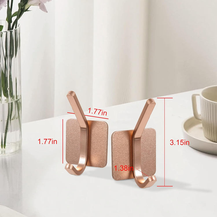 Aluminum Wall Hooks, No Drill Damage-Free Adhesive Hook, Product for Hanging Heavy Duty for Bathroom Kitchen Home (Double Square Rose Gold Hook, 4)