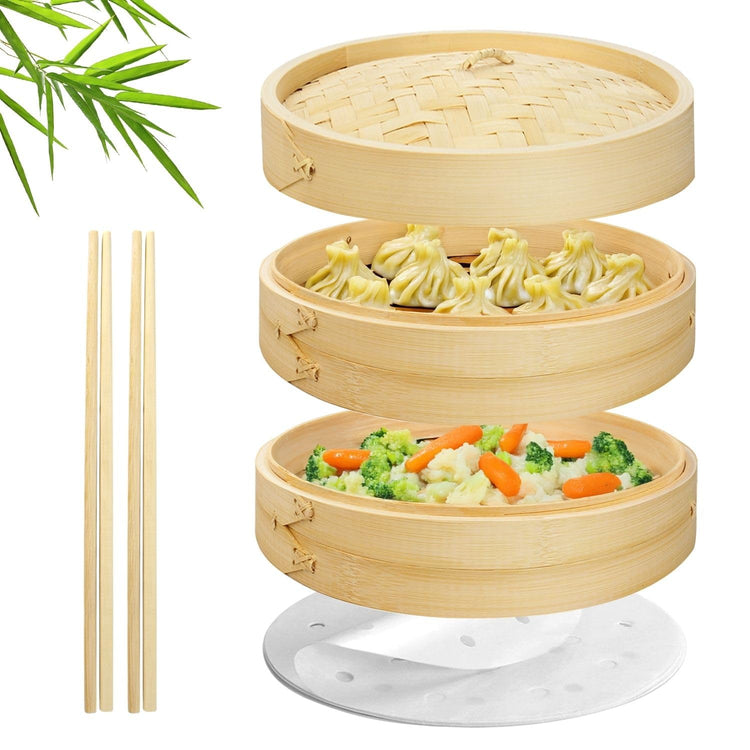 10 Inch Bamboo Steamer Basket Set for Dumplings and Dim Sum