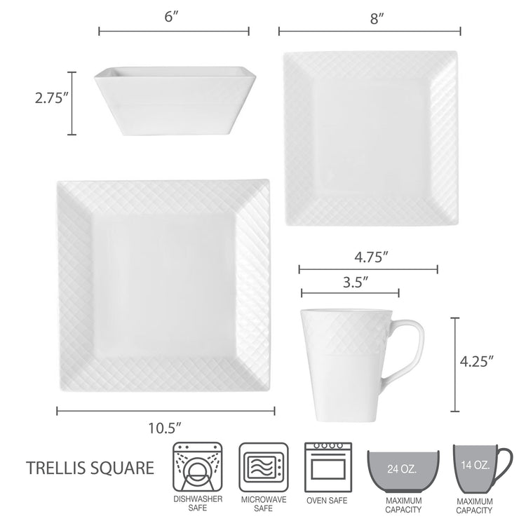 Trellis White Square 16 Piece Dinnerware Set