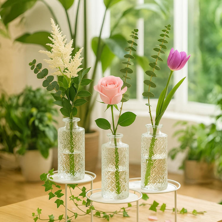 Glass Bud Vase Set of 3 Pcs, Small Clear Bud Vases for Flowers, Vintage Vases for Centerpiece Table Wedding Decorations Home Decor Glass Bottles for Birthday Party Anniversary