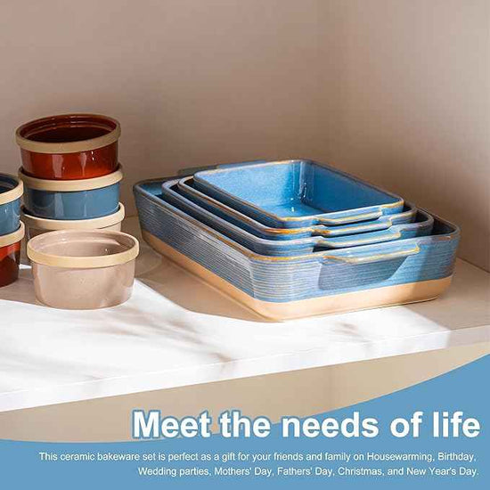 Casserole Dishes for Oven, Baking Dishes, Ceramic Bakeware Sets of 4, Rectangular Baking Pan Set with Handles for Baking, Casserole, Kitchen, Wedding Gift (Blue Yellow)