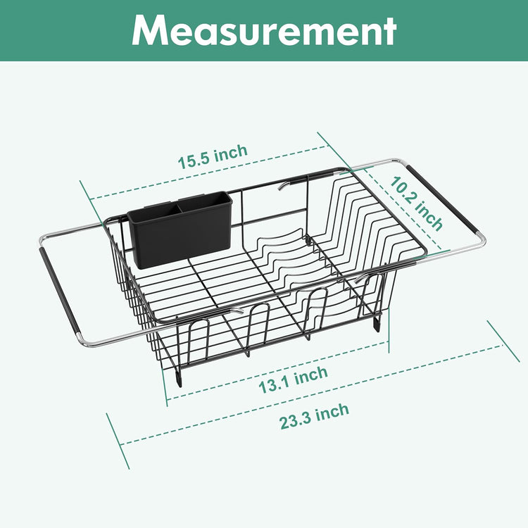 Over the Sink Expandable Dish Drainer Drying Rack In Stainless Steel for Small Kitchen, Counter Space Saving Modern Compact Metal Above Plate Dryer Strainer, Adjustable Hanging Inside Drain Holder