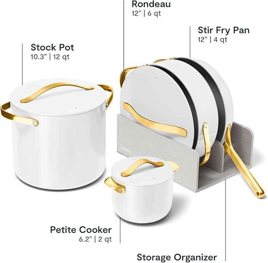Caraway 24-Piece Nonstick Ceramic Cookware Set - Includes Fry Pans, Sauce, Sauté Pan, Dutch Oven, Petite Cooker, Stir Fry, Rondeau, Stock Pot, Lids & Storage Organizers - White