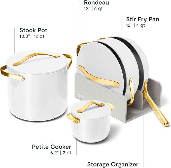 Caraway 24-Piece Nonstick Ceramic Cookware Set - Includes Fry Pans, Sauce, Sauté Pan, Dutch Oven, Petite Cooker, Stir Fry, Rondeau, Stock Pot, Lids & Storage Organizers - White