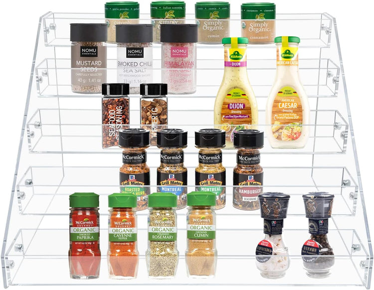 PMMASTO Tiered Spice Rack, Seasoning Organizer, Clear Acrylic Vertical Shelves Can Organizer for Countertop, Cabinet, Pantry, Kitchen Organization and Storage - 5 Tier