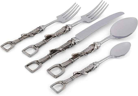Vagabond House Pewter Metal Stirrup Equestrian Pattern 5 Piece Place Setting Flatware Everyday Lunch to Formal Dinner - Riding Décor 9.5 inch Long