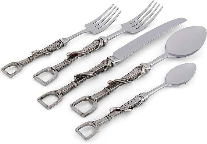 Vagabond House Pewter Metal Stirrup Equestrian Pattern 5 Piece Place Setting Flatware Everyday Lunch to Formal Dinner - Riding Décor 9.5 inch Long