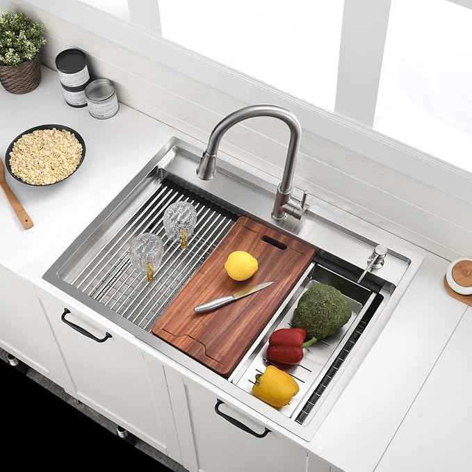 30 Inch Drop In Kitchen Sink Splash Guard Workstation - VOKIM 30 Inch Drop In Sink Stainless Steel Single Bowl 16 Gauge 10'' Deep Handmade Kitchen Sink with Cutting Board& Strainer