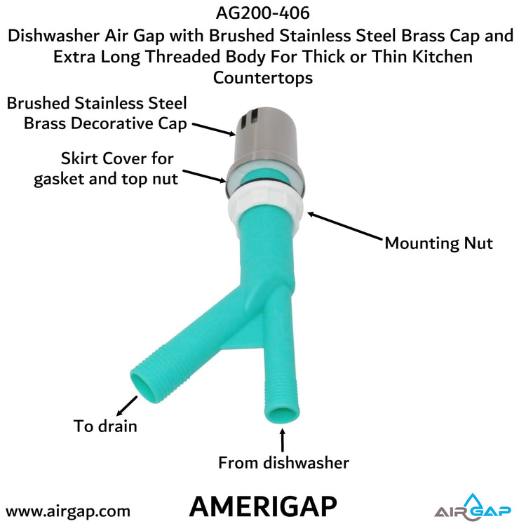 Dishwasher Air Gap with Skirted Brushed Stainless Steel Brass Cap and Extra Long Threaded Body for Thick or Thin Kitchen Countertops