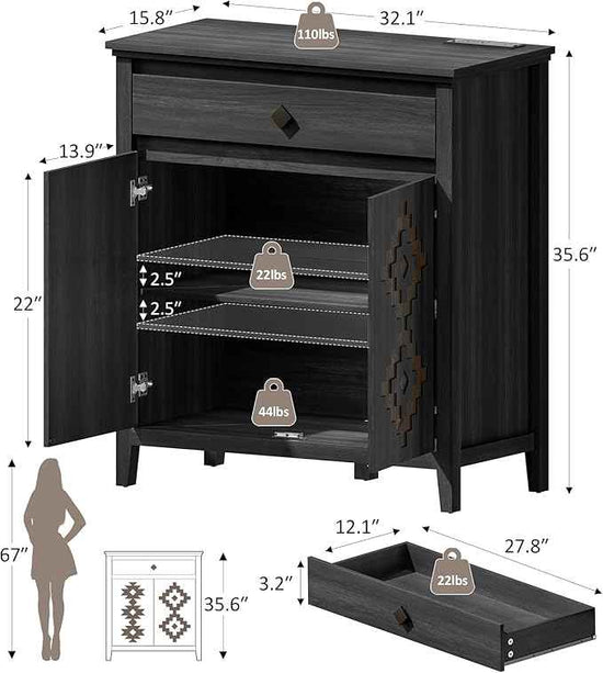 32'' Buffet Cabinet with Storage, Sideboard Cabinet with Drawer and Adjustable Shelf, Modern Accent Storage for Kitchen, Living Room, Entryway, Black