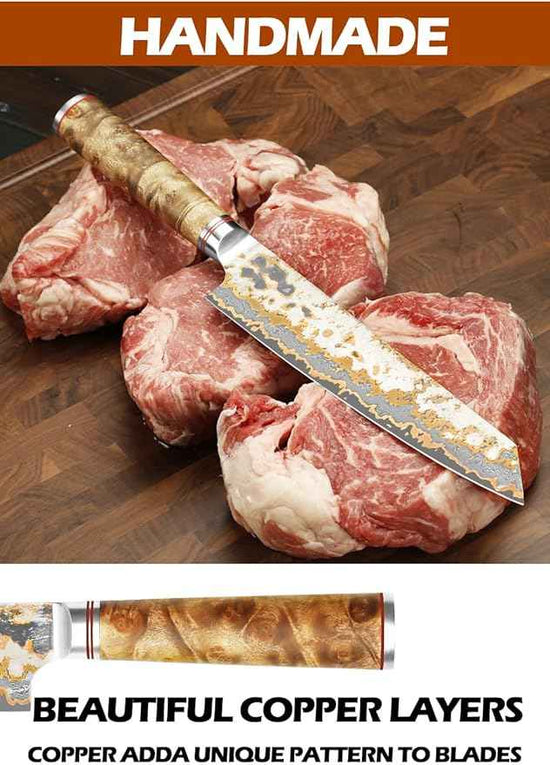 YOUSUNLONG Kiritsuke Chef Knife - 8 Inch Japanese Copper Damascus Steel Blade - Razor Sharp Kitchen Knives - Handmade Cooking Knife - Naturel Burl Wooden Handle with Leather