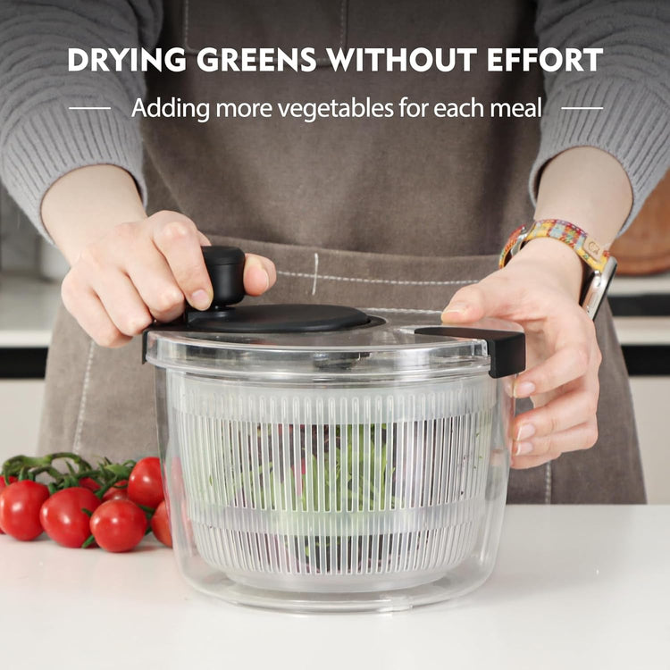 Ourokhome Salad Spinner Lettuce Dryer, Hand-crank Rotary Vegetable Dryer Veggie Washer with Transparent Bowl and Colander for Greens, Herb, Berry, Fruits, Macaroni, 2.8 QT, Black