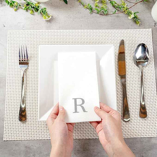 Luxenap 15.8 X 7.9 Inch Linen-Feel Guest Towels, 2000 Lettered Hand Towels - Silver Letter 'R', Sans Serif Font, White Paper Dinner Napkins, airlaid, For Restrooms And Tables - Restaurantware