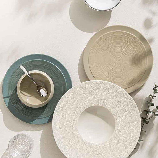 DEGRENNE Bahia French Dinner Plate Set - Luxury Stoneware Dish Set for 4, Modern Ceramic Dishware for Kitchen, Made in France, Microwave Safe, Dishwasher Safe, 10” - Dune