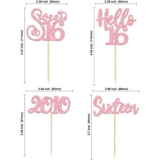 24Pcs Happy 16th Birthday Cupcake Toppers Glitter Hello 16 Sweet 16 Sixteen Years Old Cupcake Picks for Celebrating 16th Birthday Anniversary Party Cake Decorations Supplies Pink (24 Count)