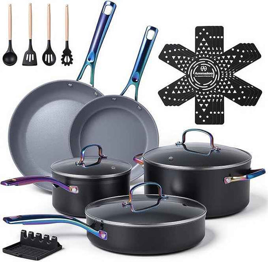 Ammeloo 17 Pcs Ceramic Cookware Set, Induction Pots and Pans Set Non Stick, Premium Colored Stay Cool Handle, Non Toxic PFOA PFOS Free, Oven Safe & Compatible with All Stovetops, Black