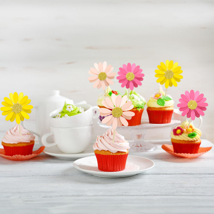 24Pcs Daisy Cupcake Toppers Daisy Cake Decorations Chrysanthemum Cupcake Toppers Spring Daisy Flower Cake Picks for Birthday Wedding Supplies Multicolor 3 (24 Count)