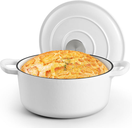 Small 3 Quart Dutch Oven, HaSteeL Round Cast Iron Cooking Pot with Lid, Nonstick Enameled Cookware for Sourdough Bread Baking Roasting Stewing Braising Frying, Heavy Duty & Oven Safe 500℉, White - Nestoria