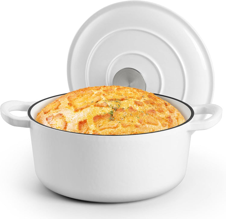 Small 3 Quart Dutch Oven, HaSteeL Round Cast Iron Cooking Pot with Lid, Nonstick Enameled Cookware for Sourdough Bread Baking Roasting Stewing Braising Frying, Heavy Duty & Oven Safe 500℉, White - Nestoria