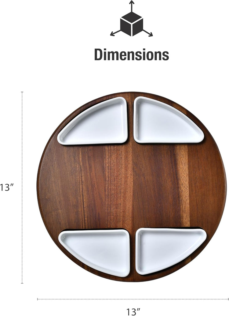 Shanik Upgraded Lazy Susan Cheese Cutting Board Set - Round Acacia Charcuterie Board With 4 Ceramic Bowls - Wedding Gifts - Cheese Serving Platter - Bridal Shower
