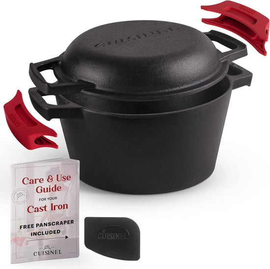 Cuisinel Cast Iron Dutch Oven - 3-Quart Deep Pot - Pre-Seasoned 2-in-1 Multi-Cooker - Combo Lid Doubles as 8"-inch Skillet Frying Pan + Silicone Handle Covers + Scraper - Use for Baking Bread - Nestoria