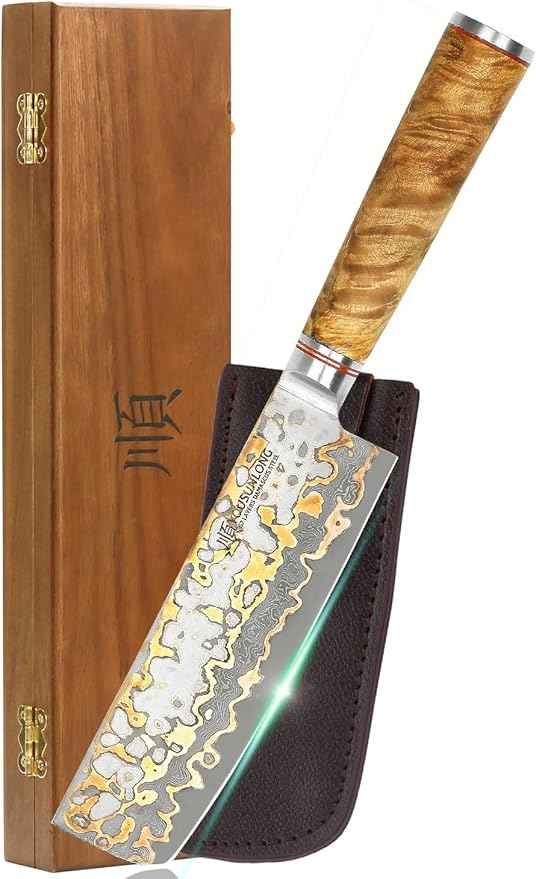 YOUSUNLONG Nakiri Asian Vegetable Knife 6.5“ - Ultra Sharp - Japanese Handmade Copper Damascus Steel Kitchen Knife Chef Knife - Naturel Burl Wooden Handle with Acacia Wood Box and Leather