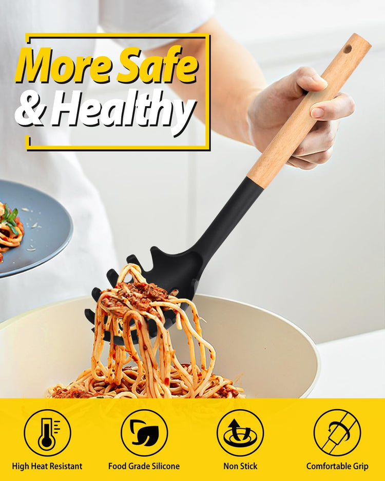 Silicone Pasta Fork and Ladle Spoon Set with Wooden Handle (2 Count)
