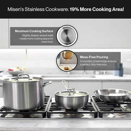 Misen 5-Ply Stainless Steel Cookware Set - Versatile, Dishwasher Safe - 5-Piece Set - 10" Skillet, 3 QT Saute Pan + Lid, 3 QT Saucier + Lid