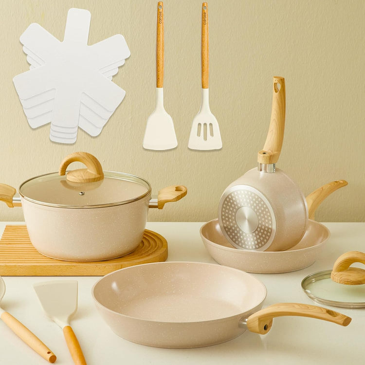 Non Stick Pots and Pans Set, Healthy Ceramic Cookware Set, 12pcs Kitchen Cooking Pots and Frying Sauce Saute Pans Set, PFAS-Free with Kitchen Utensils and Lid, Tan