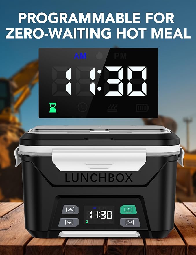 EAST OAK 5.5-Cup Cordless Electric Lunch Box for Adults, Heated Lunch Box for Men with Scheduled Heating, Portable Car Food Warmer with Utensils, One-Tier Bag, Removable Divider