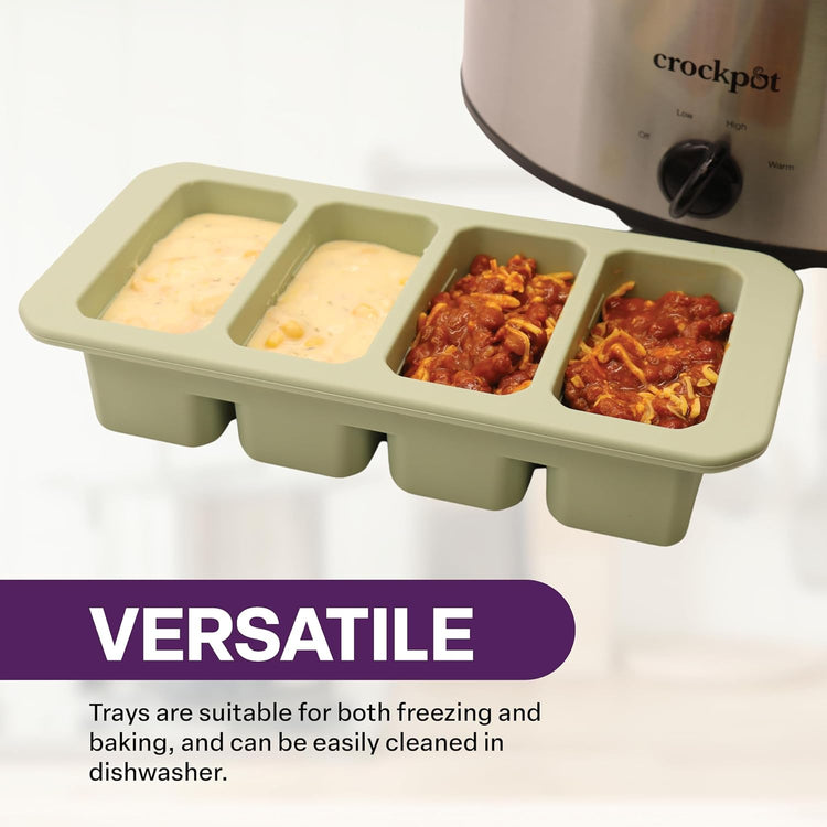 Silicone Freezer Tray with Clear Lid, 4 Compartments with 1 Cup Capacity Each, Large Ice Cube Molds, Microwave and Dishwasher Safe, for Freezing Soup, Sauce, Broth, etc. Sage Green