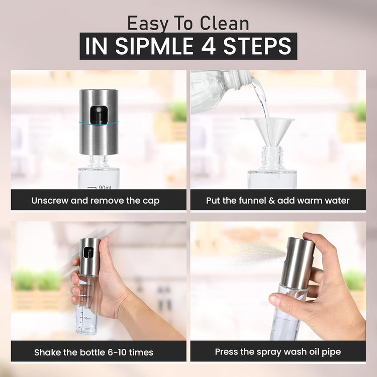 Oil Sprayer for Cooking -100ml Sprayers, Clear Transparent Glass Bottles, Food Grade, Refillable, Multi Purpose Oil Mister with Non Slip Cap, Oil Funnel & Silicone Brush