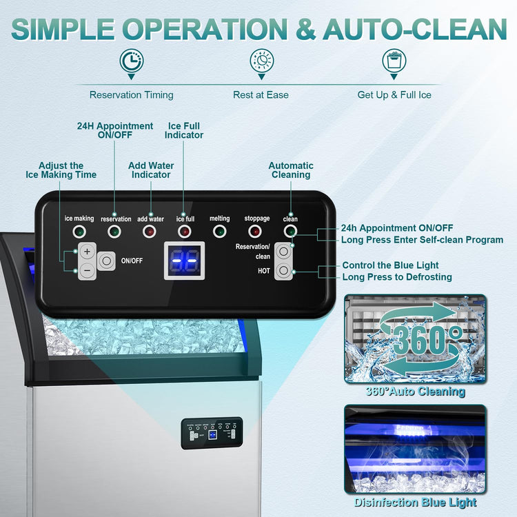 Commercial Ice Maker Machine 260Lbs/24H, 72pcs Ice Cubes Under Counter Ice Machine with Water Line and Filter, Freestanding Ice Maker Machine with 55Lbs Storage ice Bin for Home/Shop/Office/Bar