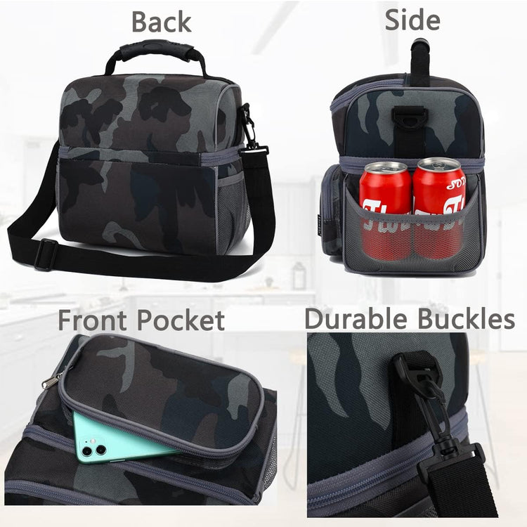 FlowFly Double Layer Cooler Insulated Lunch Bag Adult Lunch Box Large Tote Bag for Men, Women, With Adjustable Strap,Front Pocket and Dual Large Mesh Side Pockets