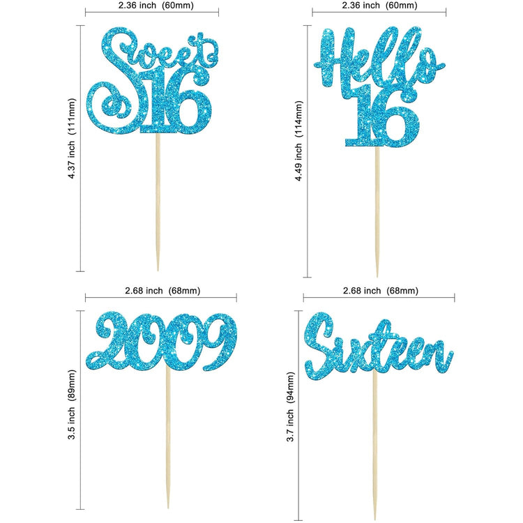 Gyufise 24Pcs Happy 16th Birthday Cupcake Toppers Glitter Hello 16 Sweet 16 Cupcake Picks Sixteen Years Old Birthday Cake Decorations for Celebrating 16th Birthday Anniversary Party Supplies Blue