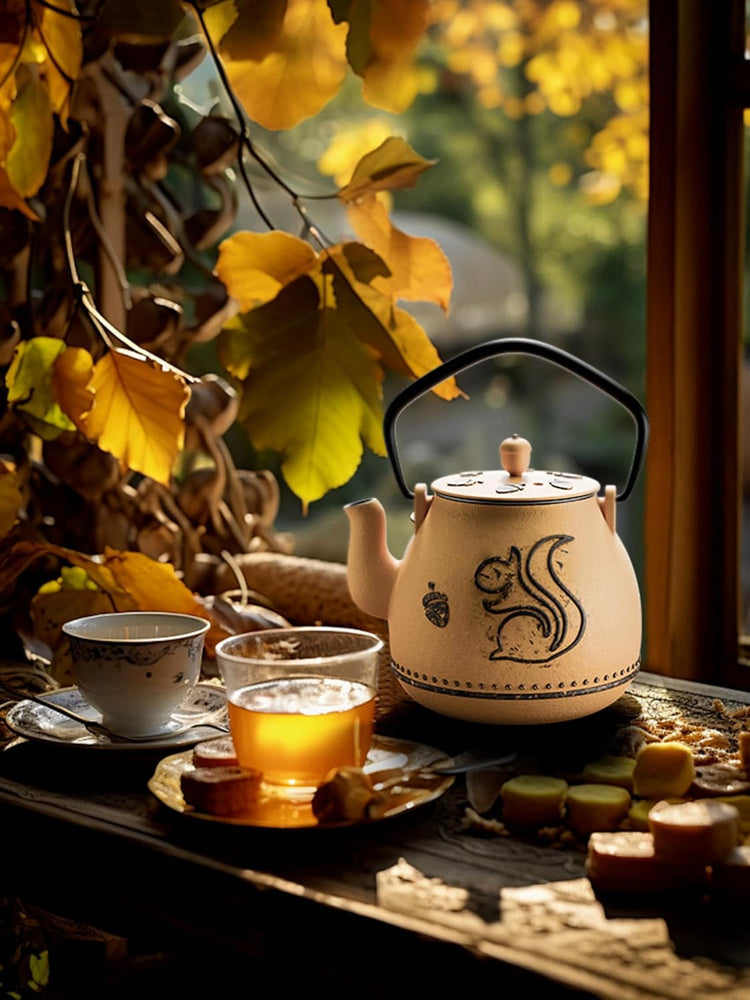 Toptier Teapot with Removable Infuser, Cast Iron Tea Kettle Stovetop Safe, Squirrel Design Tea Pot Coated with Enameled Interior for 32 Ounce (950 ml), Orange