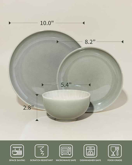 Plates and Bowls Sets for 8, 24 Piece Dinnerware Set for Large Families & Entertaining, Elegant Design, Dishwasher & Microwave Safe, Chip Resistant and Durable, Gray Green