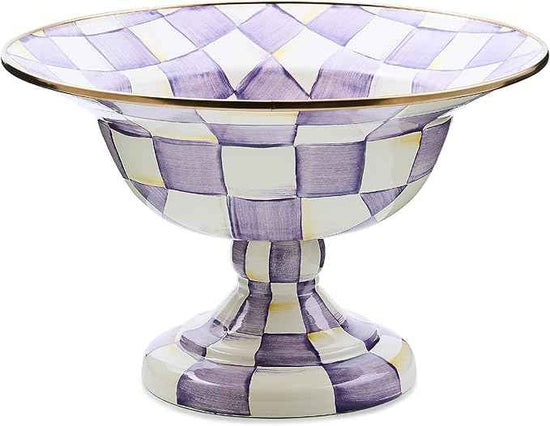 MACKENZIE-CHILDS Enamel Compote, Pedestal Serving Dish or Decorative Bowl, Large, Purple-and-White Violet Check